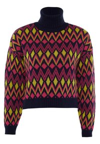 Sweter z wysokim kołnierzem, wykonany na drutach, z geometrycznym wzorem diamentu w kolorach różowym, żółtym i granatowym. Ściągacze na mankietach i dole; krótki krój.