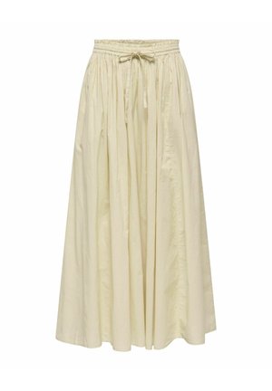 Jupe longue de couleur crème avec taille froncée et cordon de serrage ajustable, en tissu léger, fluide et ample.