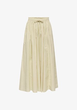 Jupe longue de couleur crème avec taille froncée et cordon de serrage ajustable, en tissu léger, fluide et ample.