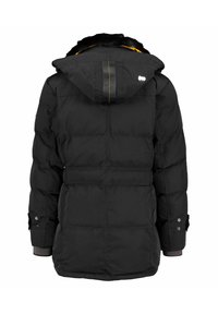 Black puffer jacket featuring a hood, quilted design, snap closures, and textured details. Accents include contrast stitching and adjustable cuffs.