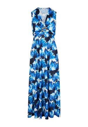 Vestido maxi con patrón floral azul. Diseño con escote en V y detalle retorcido en la cintura, con un acento de anillo plateado. Tejido fluido, diseño sin mangas.