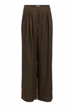 Pantalon marron à jambes larges avec des plis à la taille, coupe taille mi-haute et fermeture avant lisse, présenté sur un fond blanc.