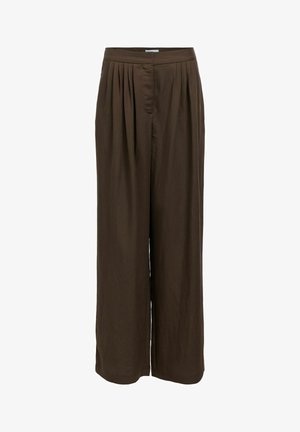 Pantalon marron à jambes larges avec des plis à la taille, coupe taille mi-haute et fermeture avant lisse, présenté sur un fond blanc.