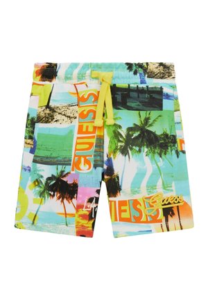 Bañador colorido con un collage de imágenes de playa, palmeras y texto, con un cordón amarillo y detalle de logotipo bordado.