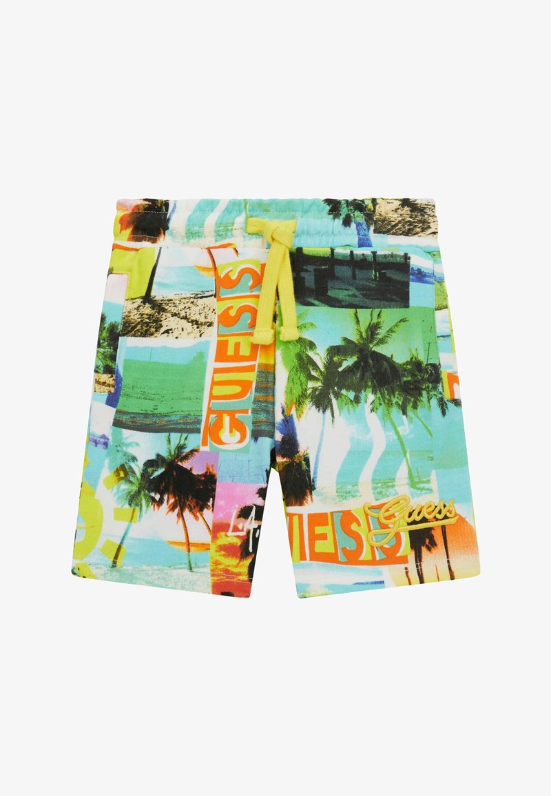 Colorful swim shorts featuring a collage of beach images, palm trees, and text, with a yellow drawstring and embroidered logo detail.