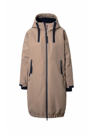 Manteau imperméable beige avec une capuche, accents navy, fermeture éclair à l'avant, deux poches latérales avec zip et poignets élastiques avec doublure intérieure texturée.