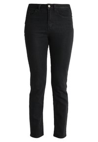Jean skinny noir taille haute en tissu denim, avec cinq poches, un bouton à l'avant et une coupe ajustée et élégante sur les jambes.