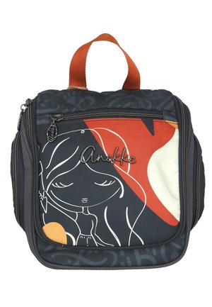 Bolsa de aseo compacta en negro y naranja con cremallera, con un dibujo lineal en blanco de una niña y la palabra "Anekke" en el frente.
