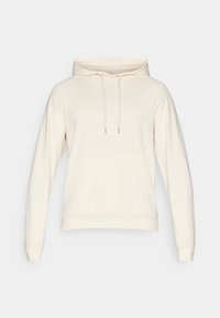 Sweat à capuche beige avec poche kangourou à l'avant, cordons de serrage, et un petit logo circulaire centré sous le col.