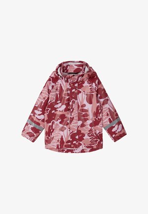 Kinder-Kapuzentrainjacke mit rotem und rosa abstraktem Blumenmuster und reflektierenden Streifen an den Ärmeln zur Sicherheit.