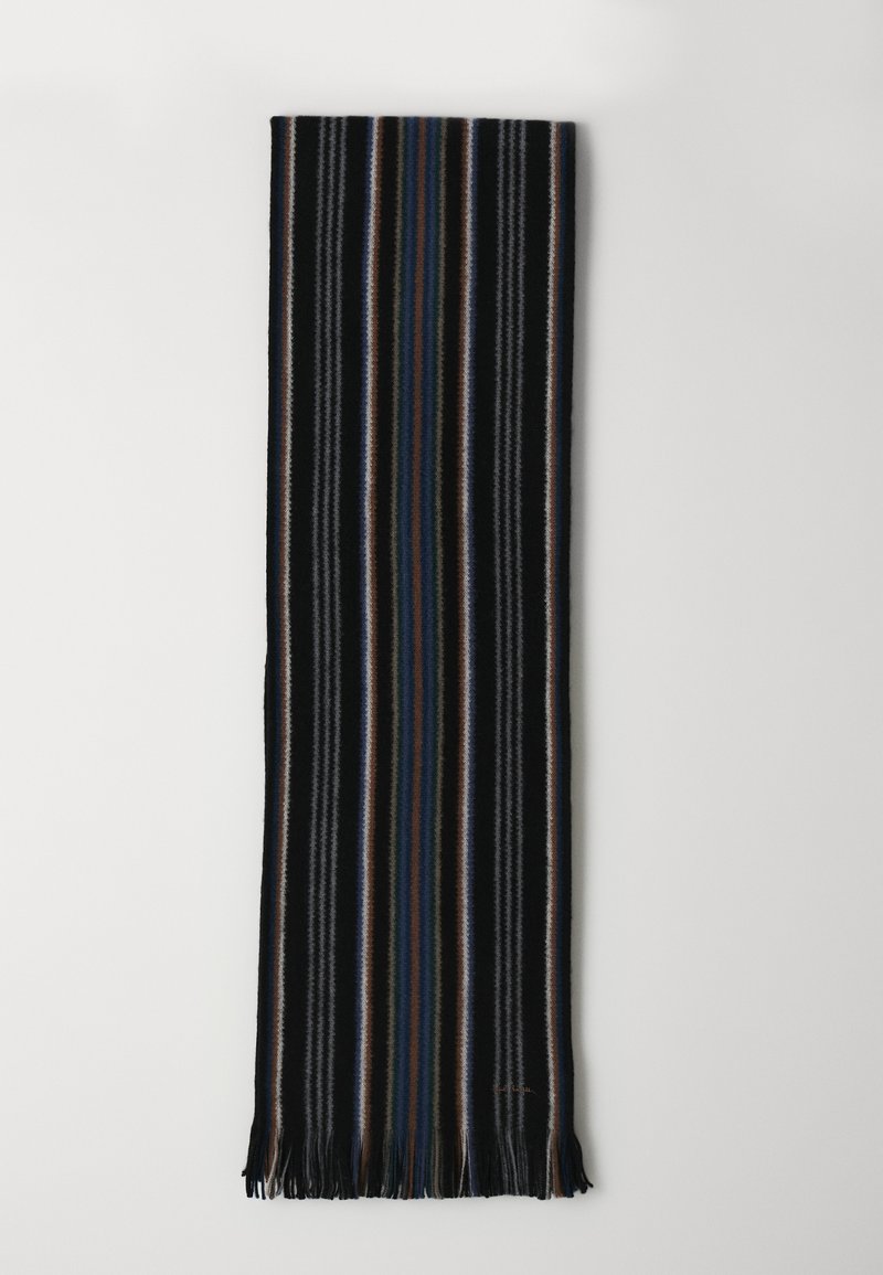 Sort tørklæde med lodrette striber i blå, brun og grå. Har frynser i enderne og en blød tekstur, velegnet til koldt vejr.