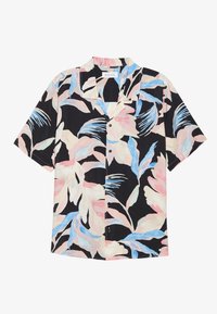Short-sleeve button-up shirt in black fabric featuring a tropical floral pattern in pink, blue, and cream. Notched collar and front buttons.