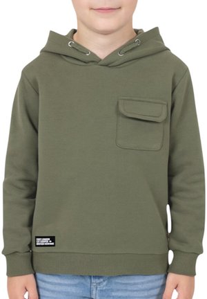 Sweat à capuche vert olive en tissu doux, avec une poche avant, une capuche à cordon et un ourlet côtelé. Petite étiquette de marque en bas.