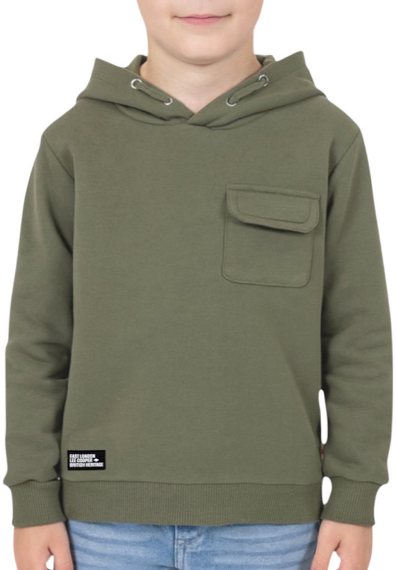 Sweat à capuche vert olive en tissu doux, avec une poche avant, une capuche à cordon et un ourlet côtelé. Petite étiquette de marque en bas.