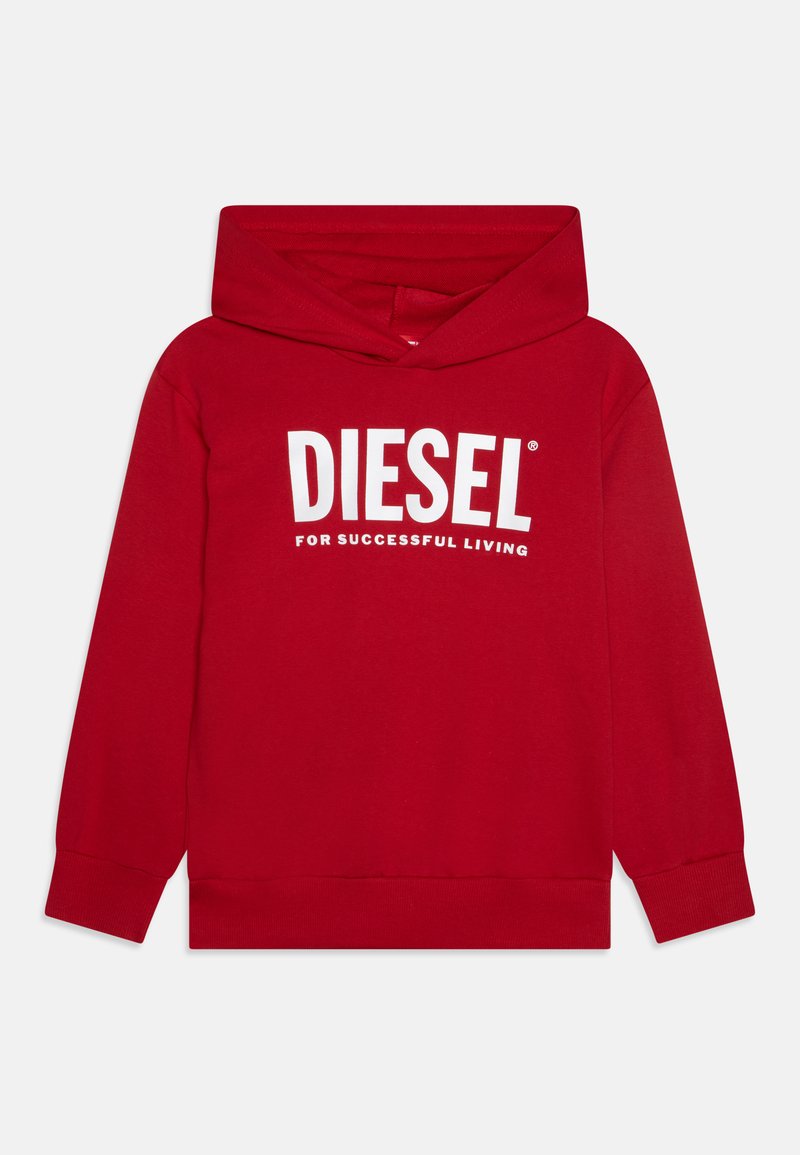 Felpa rossa in cotone con tasca frontale a marsupio, caratterizzata da un grande logo bianco "DIESEL FOR SUCCESSFUL LIVING" sul petto.