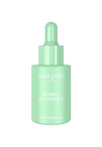 Grön glasbehållare med pipett märkt "Retinol & Vitamin C Multi-action Serum" med en blank yta och rund pipettopp.