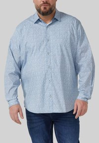 Lichtblauw overhemd met knopen, bloemenprint, lange mouwen en een gewone kraag. Materiaal is glad met een subtiele textuur.