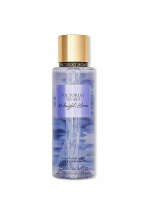 Spray profumato Victoria's Secret Midnight Bloom in una bottiglia trasparente con sfumature viola e tappo dorato, formato 250 ml (8,4 fl oz).