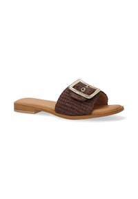 Brun vævet slide sandal med en guld spændeaccent og en glat lysebrun lædersål, der har et åbent tå-design og flad hæl.
