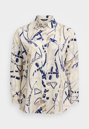 Camicia button-up con uno sfondo crema e una stampa astratta a imbracatura blu navy e beige. Maniche lunghe, colletto classico e tessuto morbido.