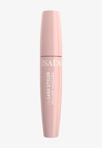 Tubo cilíndrico rosa de máscara de pestañas etiquetado como "ISADORA The LASH STYLER VOLUME MASCARA" con acabado brillante y texto blanco en la parte frontal.