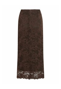 Jupe en dentelle marron longueur genou avec motif floral, ourlet festonné et fermeture éclair au dos.