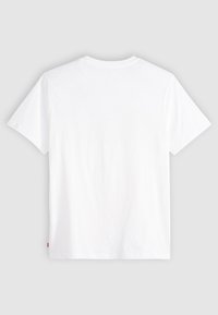 T-shirt bianca in cotone, maniche corte, collo rotondo, design semplice, presenta un'etichetta discreta sul lato sinistro vicino all'orlo.
