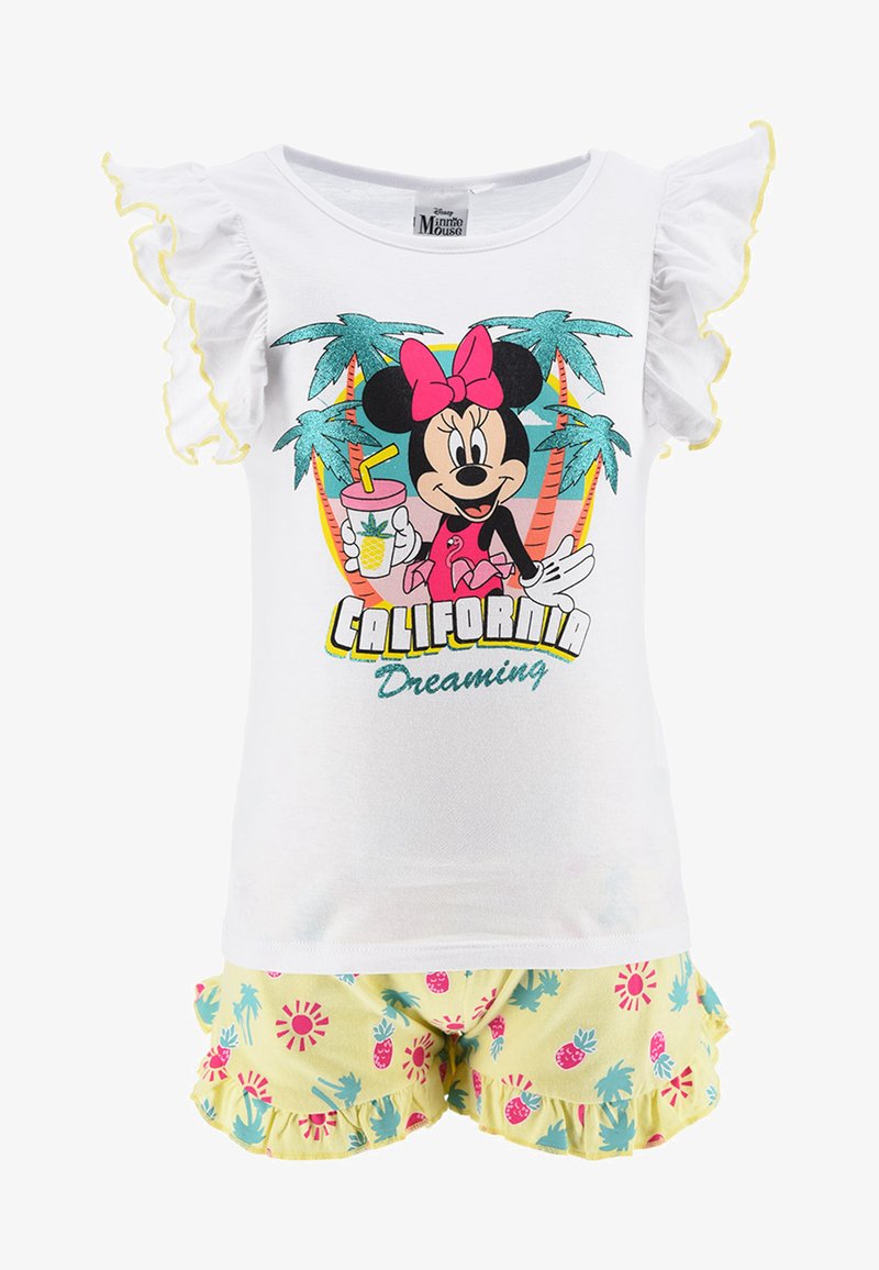 Weißes Kurzarmoberteil mit Rüschensaum und einem bunten Disney-Charakterdruck. Gelbe Shorts mit Ananas- und Palmenmuster.