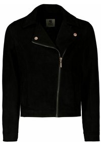 Giacca biker in suede nera con colletto a scollo, zip asimmetrica e bottoni a pressione. Progettata con maniche lunghe e una silhouette aderente.