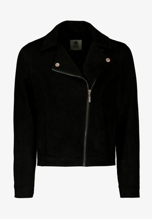 Czarna skórzana kurtka motocyklowa z zamszu, z kołnierzem o wcięciu, asymetrycznym zamkiem błyskawicznym i zatrzaskami. Zaprojektowana z długimi rękawami i dopasowanym krojem.