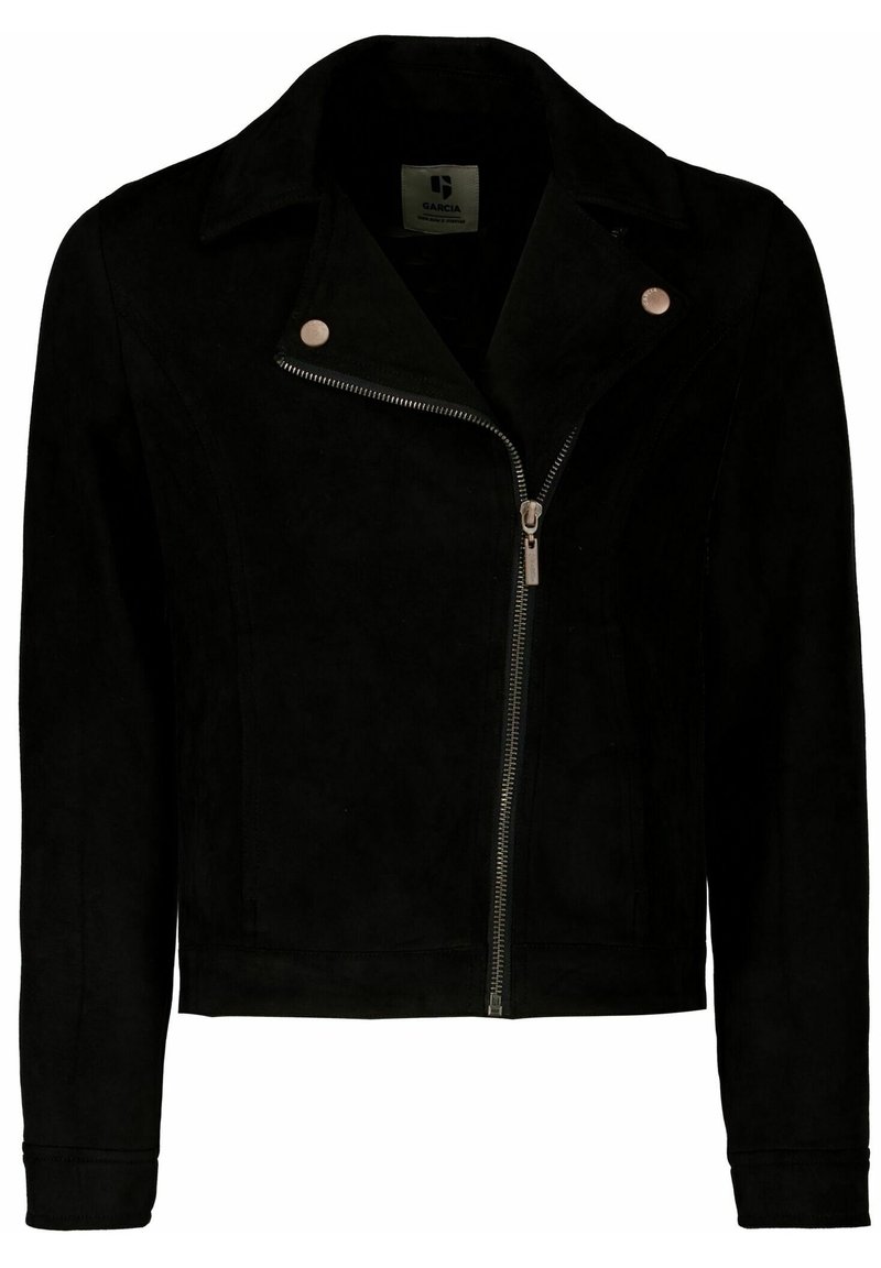 Giacca biker in suede nera con colletto a scollo, zip asimmetrica e bottoni a pressione. Progettata con maniche lunghe e una silhouette aderente.