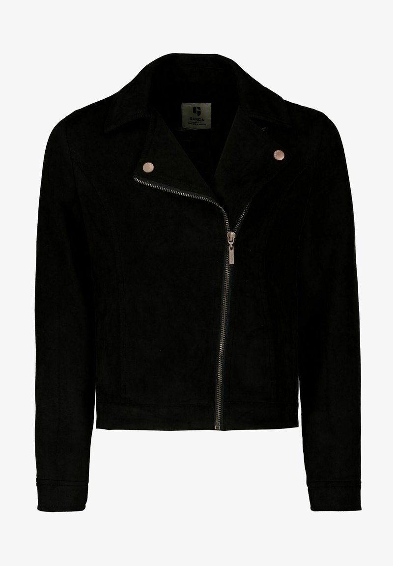 Giacca biker in suede nera con colletto a scollo, zip asimmetrica e bottoni a pressione. Progettata con maniche lunghe e una silhouette aderente.