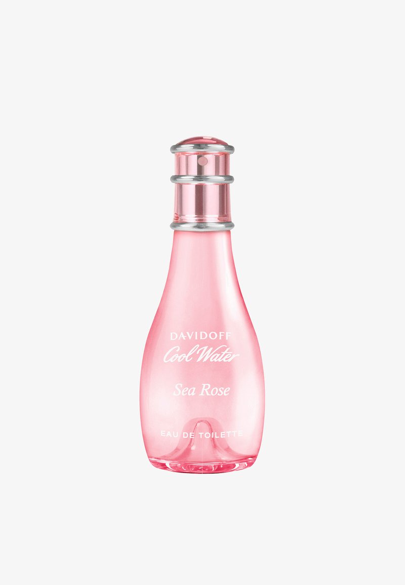 Pinkki kapeneva lasipullo Davidoff Cool Water Sea Rose Eau de Toilette -tuoksua, jossa hopearenkaat suihkepullon kannessa.
