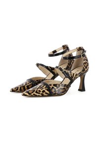 Leopardenmuster High Heels mit spitzem Zehenbereich, schwarzen Akzenten, Knöchelriemen und einem mittelgroßen Absatz, mit einer glanzvollen Textur.