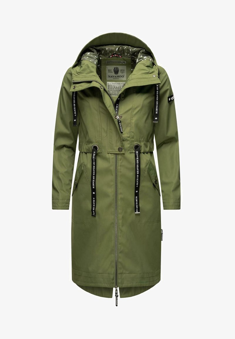 Green parka jacket with a zip front, drawstring waist, and hood. Features side pockets and black branded straps along the hood and cuffs.