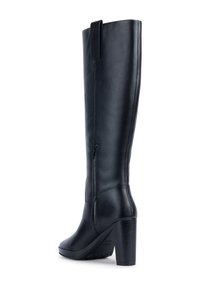 Botas de cuero negras hasta la rodilla con un panel trasero texturizado, cremallera lateral y un tacón grueso alto. Acabado suave con acentos mínimos.