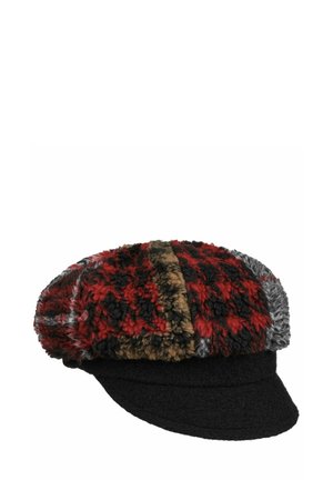 Rotes, schwarzes, braunes und graues kariertes Schiebermütze aus Kunstpelz mit schwarzem, einfarbigem Schirm und strukturierter Stoffqualität.