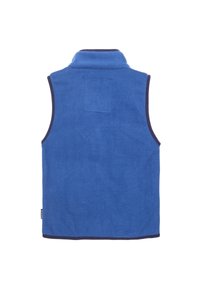 Fleece vest in vibrant blue with a high collar, navy trim, and a small patch on the upper back for custom labels or tags.