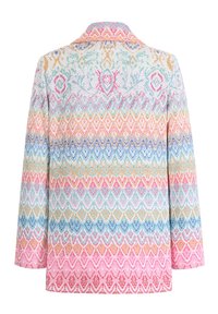 Giacca tessuta con un vivace motivo zigzag multicolore in tonalità di rosa, blu, giallo e bianco, dotata di colletto e maniche lunghe.