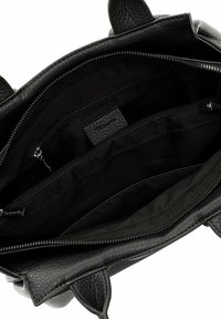 Black leather handbag with textured finish, featuring multiple compartments, a zip closure, and soft fabric lining.