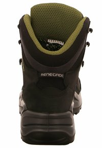 Botte de randonnée noire avec un col rembourré vert olive, finition mate texturée, système de laçage solide et une semelle épaisse en caoutchouc.