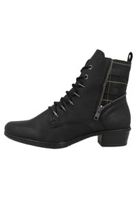 Bottes noires à la cheville en cuir, avec un panneau en tissu à carreaux, un devant à lacets, une fermeture éclair sur le côté et un petit talon carré.