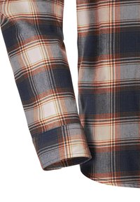 Camicia a quadri con una combinazione di colori blu navy, arancio e crema. Presenta un polsino con bottone e un tessuto morbido tessuto con una texture liscia.