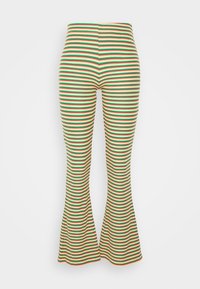 Gestreepte flared leggings met groene, rode, gele en oranje kleuren. Kenmerken een aansluitend ontwerp en een uitlopende onderkant; textuurstof.