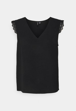 Schwarzes ärmelloses Top mit V-Ausschnitt und Spitzenbesatz an den Schultern, mit weicher Textur und geradem Saumdesign.