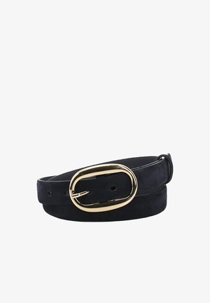 Black suede belt with a rounded rectangular gold metal buckle, rolled up against a white background.