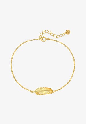 Kuldest sulekujundusega käevõru, millel on tekstuuriga sule ripats, õrn kett ja reguleeritav lukk koos pikendamislinkidega.