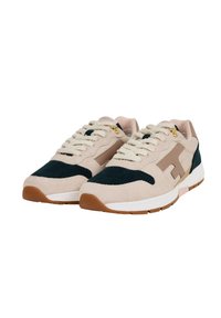 Sneakers beige e verde scuro realizzati in suede e corduroy. Presentano un logo beige, lacci chiari e una suola in gomma.