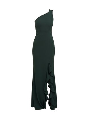 One-shoulder, dark green dress in a fitted design with a ruffle detail along the side, made from smooth fabric and featuring a structured silhouette.