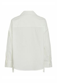 White long-sleeve button-up shirt with a collar, made of smooth fabric. Back view shows a yoke and long sleeves with button cuffs.